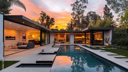 Modern home with pool at sunset; California; luxurious living; ideal for real estate, interior design, or architecture