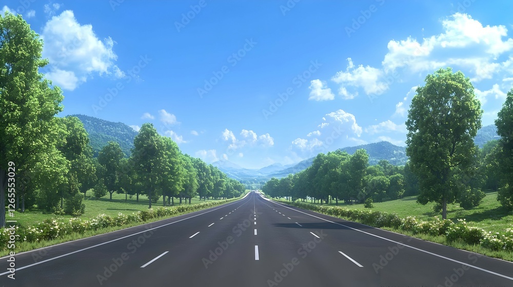 Fototapeta premium Asphalt Road Through Lush Green Trees on a Sunny Summer Day