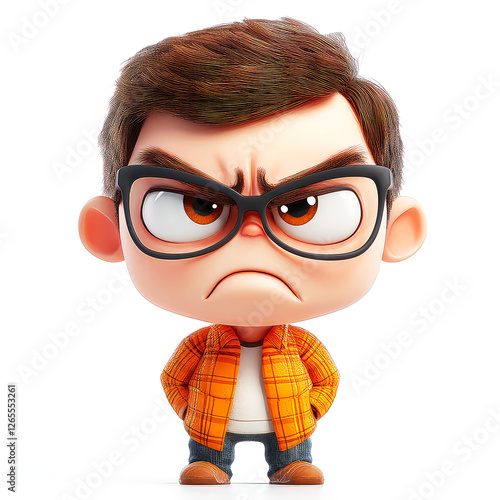 Grumpy Cartoon Boy: 3D Rendered Digital Art of an Angry Child with Glasses photo