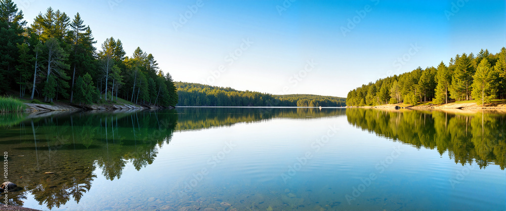 Fototapeta premium Serene crystal-clear lake reflecting forest trees, nature's tranquility