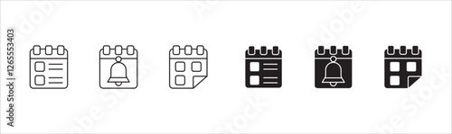 Calendar icon set. Icons set contains symbol of schedule, agenda, time, event alert, appointment, timer, payday. Vector icons in thin line and solid design.