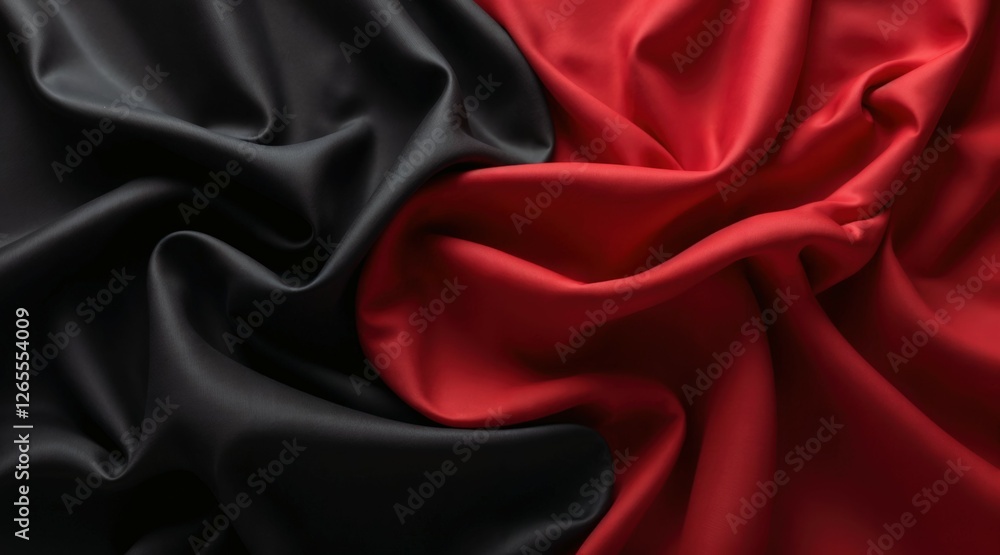 Obraz premium Rich and sophisticated fabric contrast, deep black and vibrant red textile draped in elegant waves, abstract fashion photography, luxury and elegance in soft flowing material folds