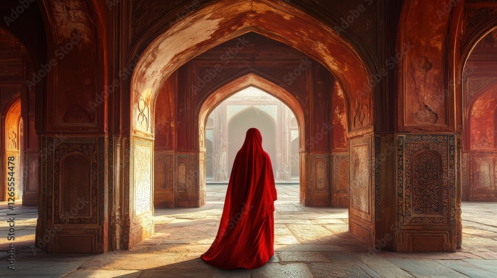 Mysterious Figure in Red Cloak Standing in Ancient Architectural Setting Mysterious Figure in Red Cloak Standing in Ancient Architectural Setting
