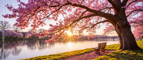 Majestic cherry blossom tree reflecting on tranquil riverside at sunrise, natural beauty
