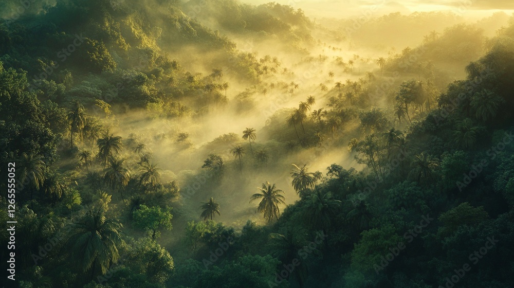 An aerial view shows a dense forest at dawn. An aerial view shows a dense forest at dawn.
