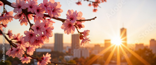 Vibrant cherry blossoms at golden hour, urban serenity