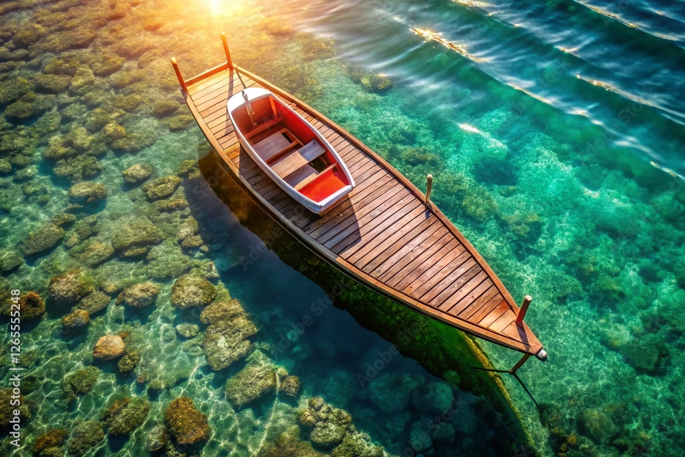 Obraz premium Aerial View: Boat Parked on a Wooden Walkway Over Water