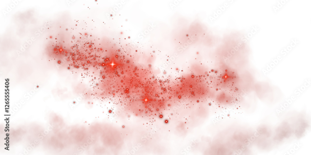 Fototapeta premium Fantastic red smoke background. Magic red smoke with glitter and small particles of twinkling stars. Fog with luminous particles. Red vapor with stardust. Morning fog over land or water. PNG. 