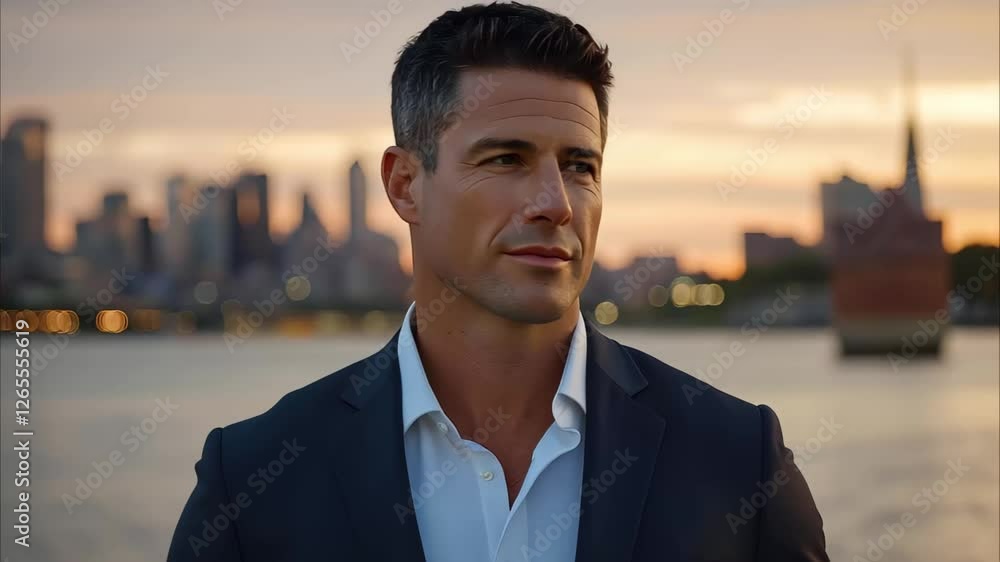 A man in a suit stands by the water, with a city skyline and sunset in the background. A man in a suit stands by the water, with a city skyline and sunset in the background.