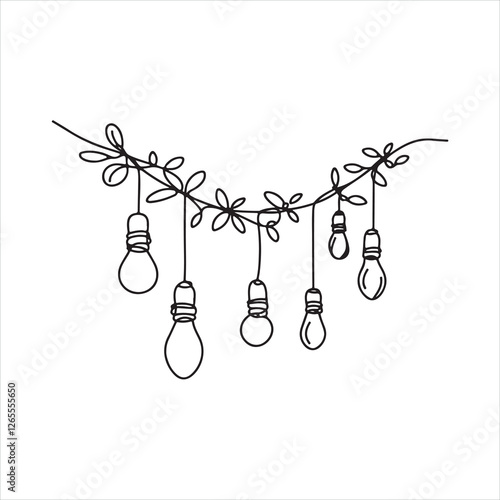 Single one line Festoon, garland with bulbs drawing with one editable continuous line. silhouette on white background
