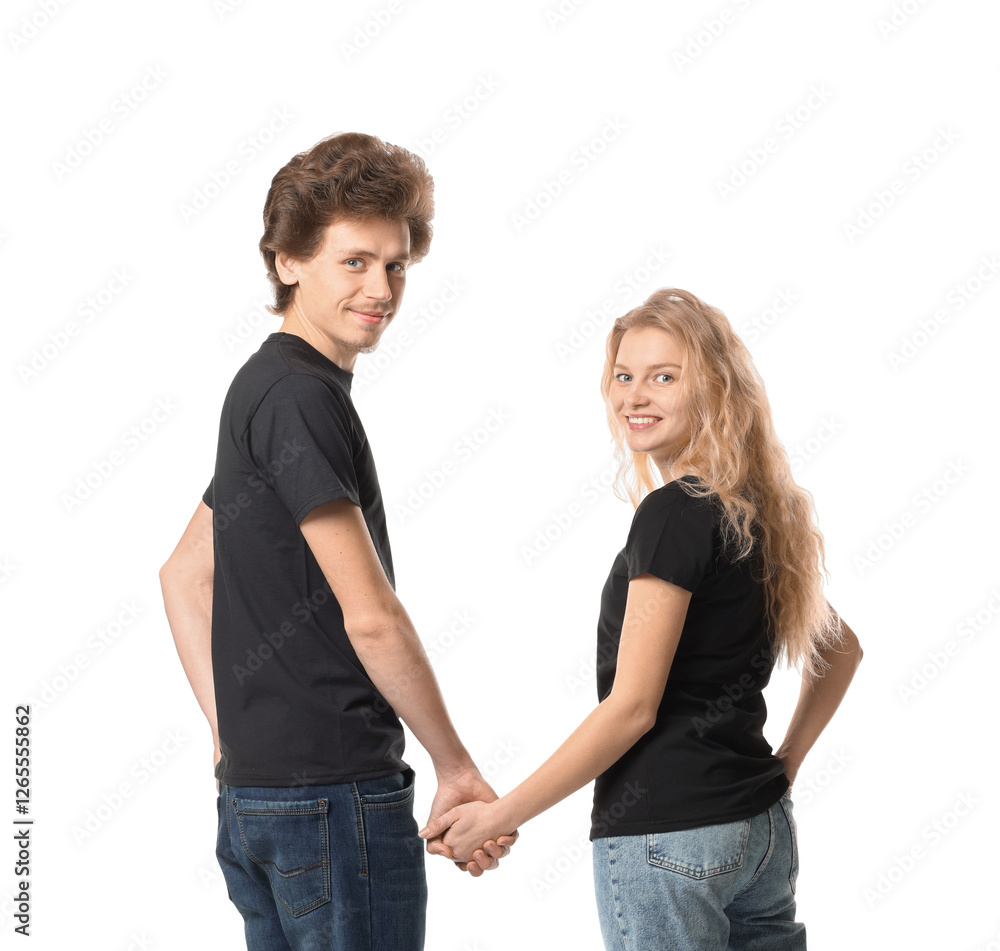 Young woman and man wearing blank black t-shirts on white background. Mockup for design Young woman and man wearing blank black t-shirts on white background. Mockup for design