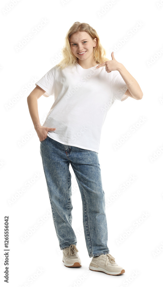 Fototapeta premium Young woman wearing blank t-shirt on white background. Mockup for design