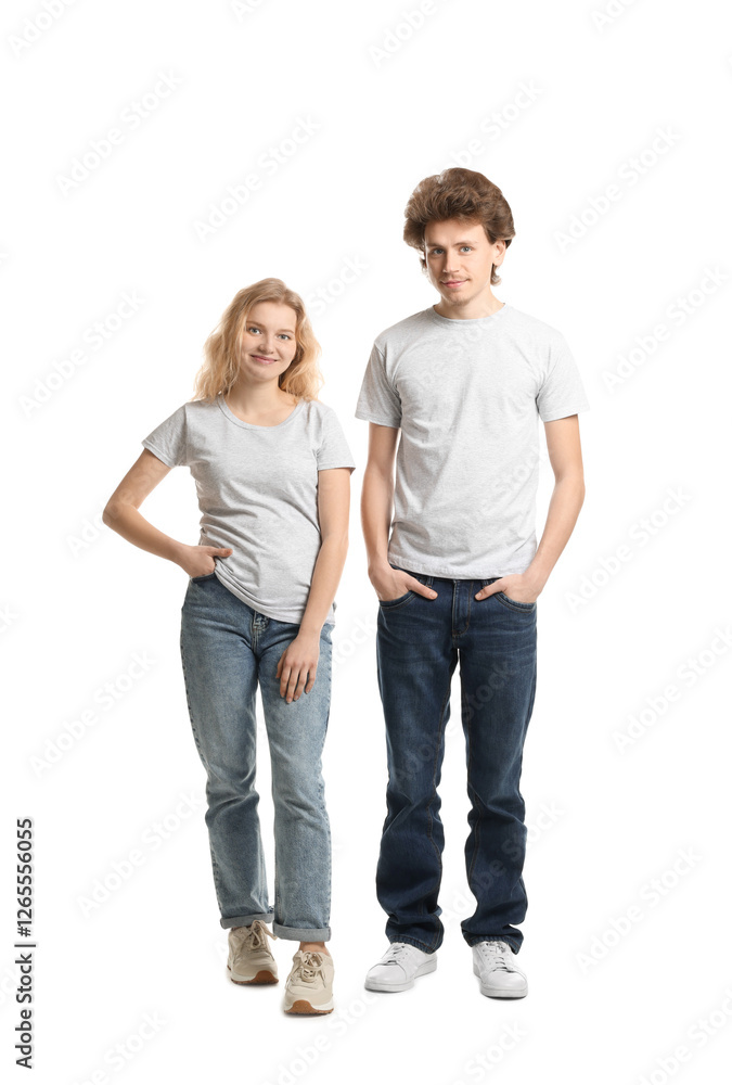 Young woman and man wearing blank t-shirts on white background. Mockup for design Young woman and man wearing blank t-shirts on white background. Mockup for design