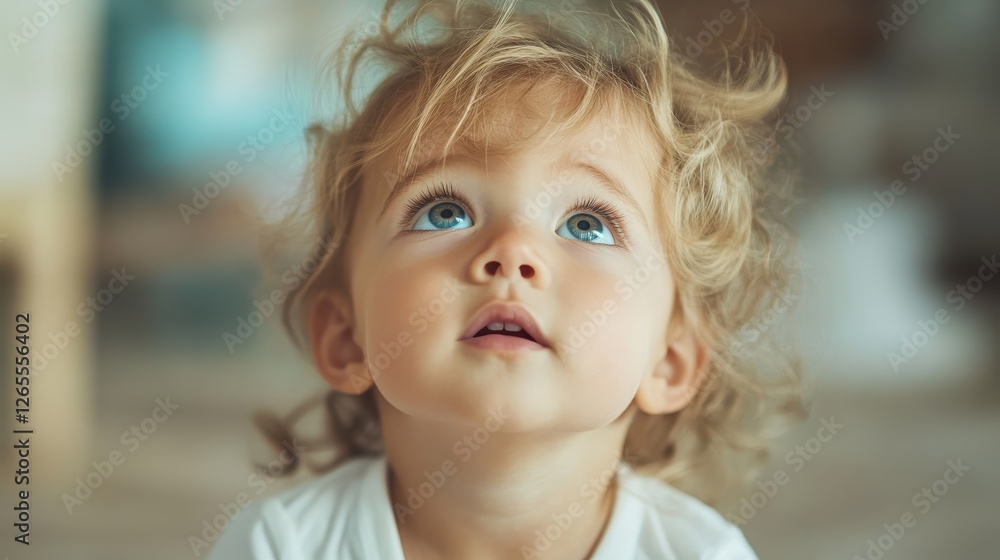 An enchanting image of a playful baby gazing up with curiosity, embodying the essence of childhood exploration and wonder in a bright environment. An enchanting image of a playful baby gazing up with curiosity, embodying the essence of childhood exploration and wonder in a bright environment.