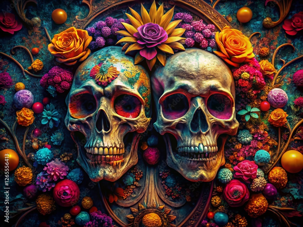 Fototapeta premium Aerial View: Dark & Vibrant Skulls, Mortality Art Photography