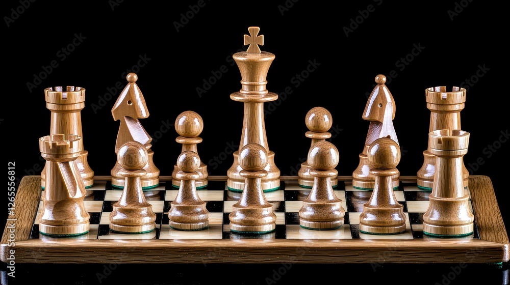 Elegant Wooden Chess Set on a Classic Checkered Board Display Elegant Wooden Chess Set on a Classic Checkered Board Display