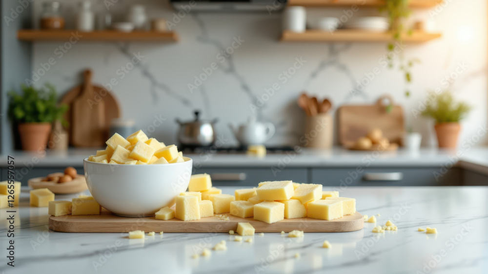 Naklejka premium A kitchen counter covered with chopped beef tallow on a cutting board.