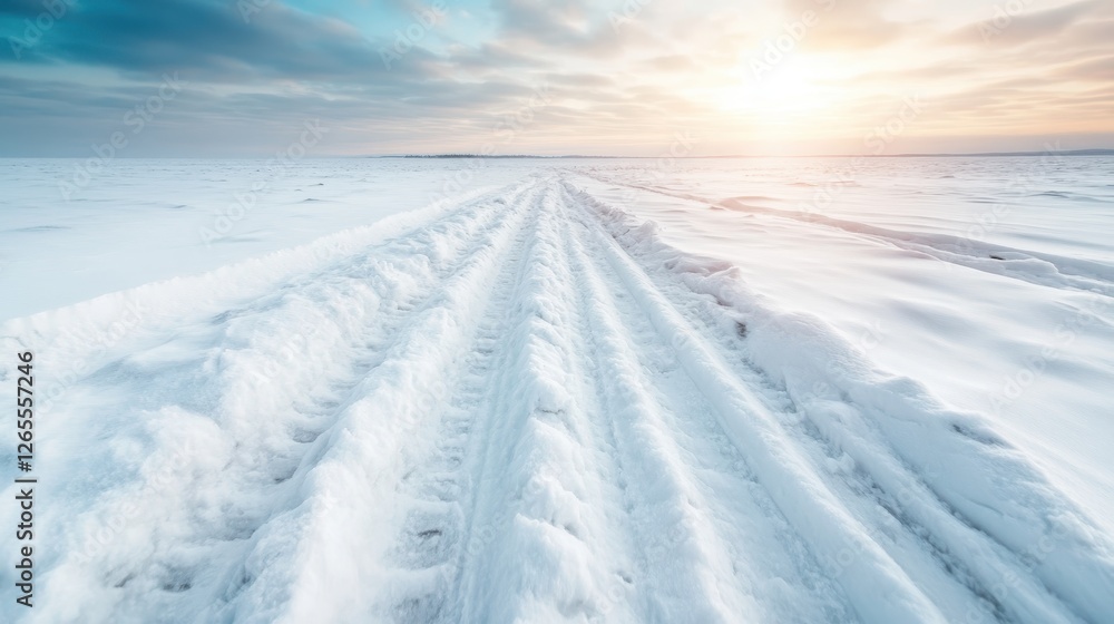 This striking image features a snow-covered path guiding the viewer toward a bright horizon, symbolizing a journey of discovery amidst winter's tranquility and beauty. This striking image features a snow-covered path guiding the viewer toward a bright horizon, symbolizing a journey of discovery amidst winter's tranquility and beauty.