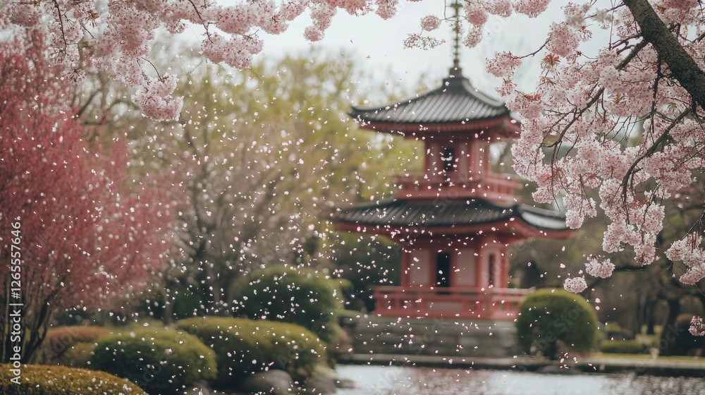 Obraz premium serene Japanese cherry blossom garden in full bloom, pink petals falling, traditional pagoda in the background, cinematic composition