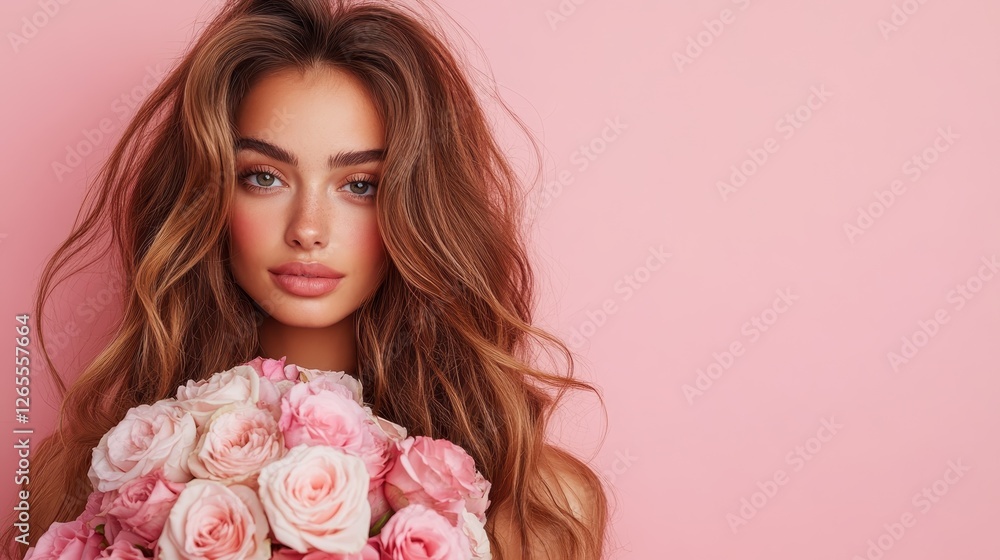 A young woman with flowing hair, holding a bouquet of soft pink roses against a blush backdrop, capturing the essence of beauty, romance, and warmth in a delightful portrait. A young woman with flowing hair, holding a bouquet of soft pink roses against a blush backdrop, capturing the essence of beauty, romance, and warmth in a delightful portrait.