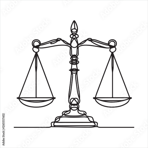 Single one line court legal scale in continuous one drawing silhouette on white background