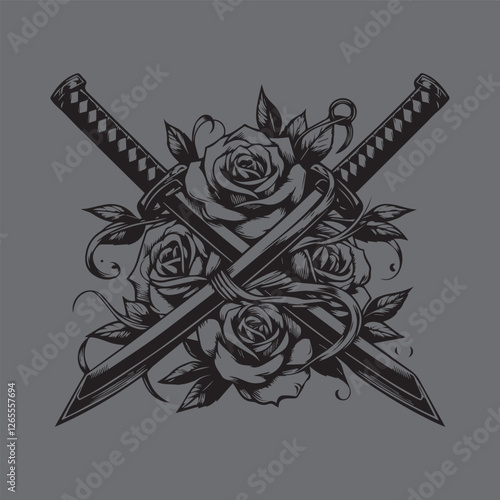 samurai sword and roses illustration vector