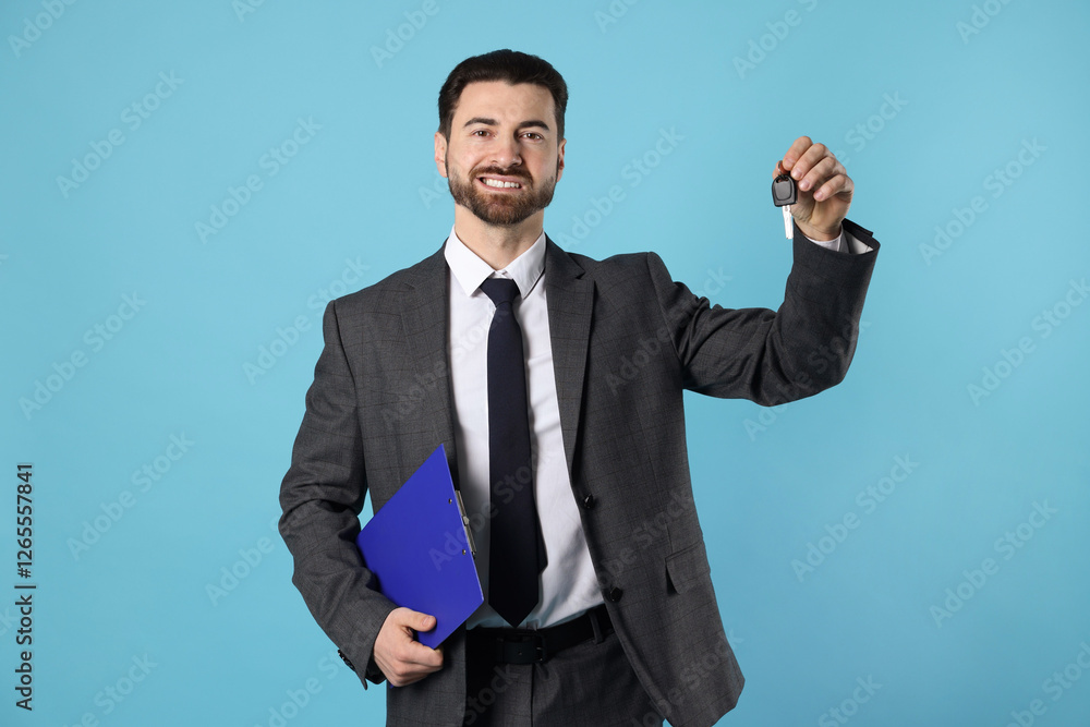 Cheerful salesman with car key and clipboard on light blue background Cheerful salesman with car key and clipboard on light blue background