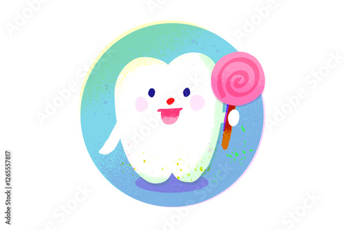 甘いお菓子を食べる歯のキャラクター　手描きイラスト素材