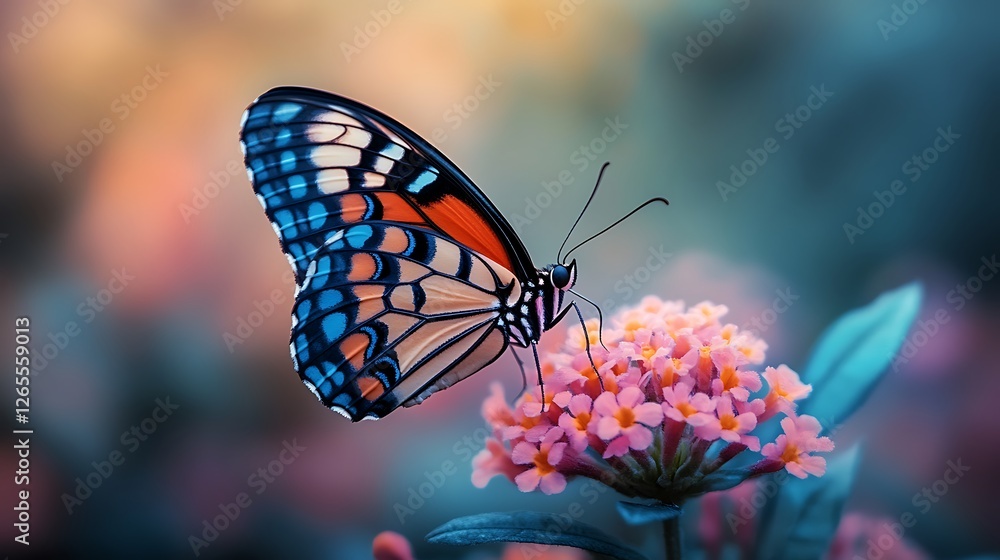 Vibrant butterfly perched on colorful flower in serene garden setting with soft, blurred background Vibrant butterfly perched on colorful flower in serene garden setting with soft, blurred background