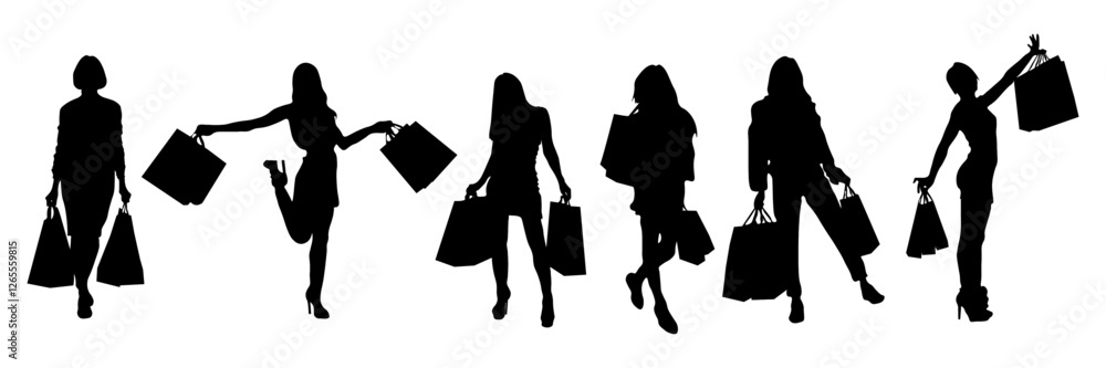 Shopping, silhouettes of girls making purchases. Girls with new purchases. Shadows of girls with bags in their hands Shopping, silhouettes of girls making purchases. Girls with new purchases. Shadows of girls with bags in their hands