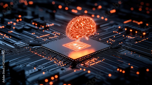 Futuristic microchip with glowing brain representation of artificial intelligence and innovation