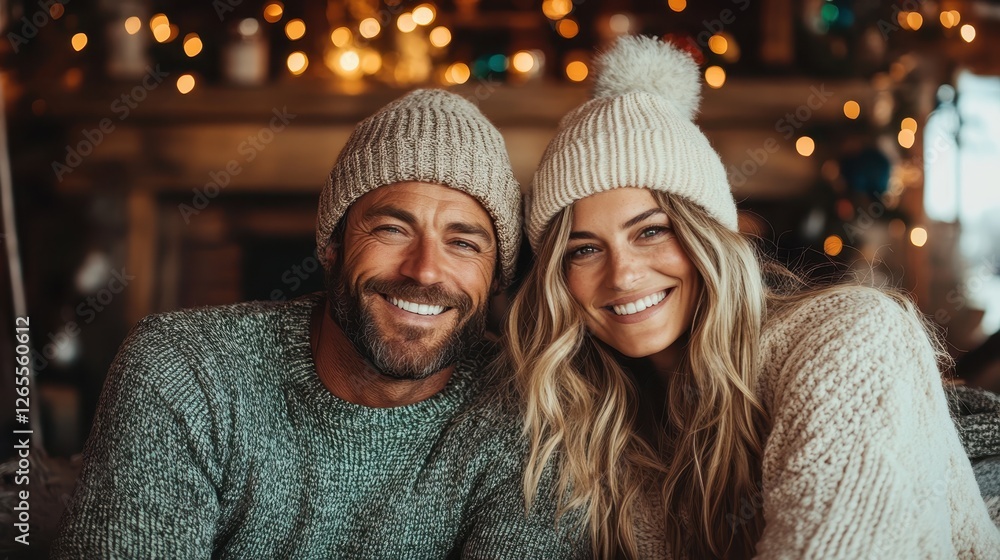 This image captures a couple exuding warmth and happiness while sitting together in cozy attire by a glowing fire, creating a lovely, intimate atmosphere of winter joy. This image captures a couple exuding warmth and happiness while sitting together in cozy attire by a glowing fire, creating a lovely, intimate atmosphere of winter joy.