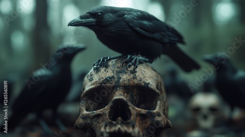 In a misty forest setting, a raven is perched atop a skull, focusing on themes of death and the beauty of nature intertwined with dark, surreal elements. photo