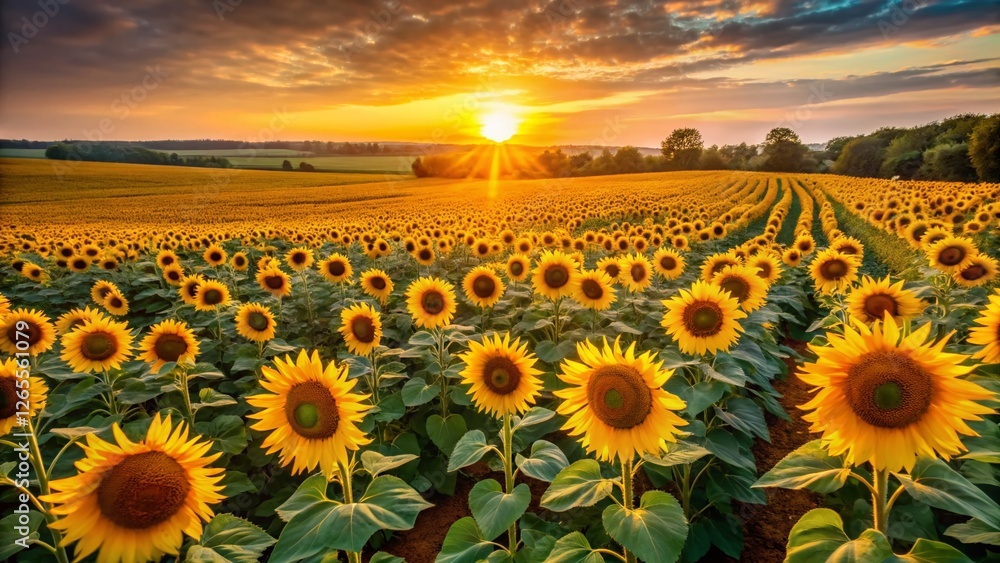 Obraz premium Aerial View of a Lush Sunflower Field with Rows of Sunflowers and Sunflower Seeds