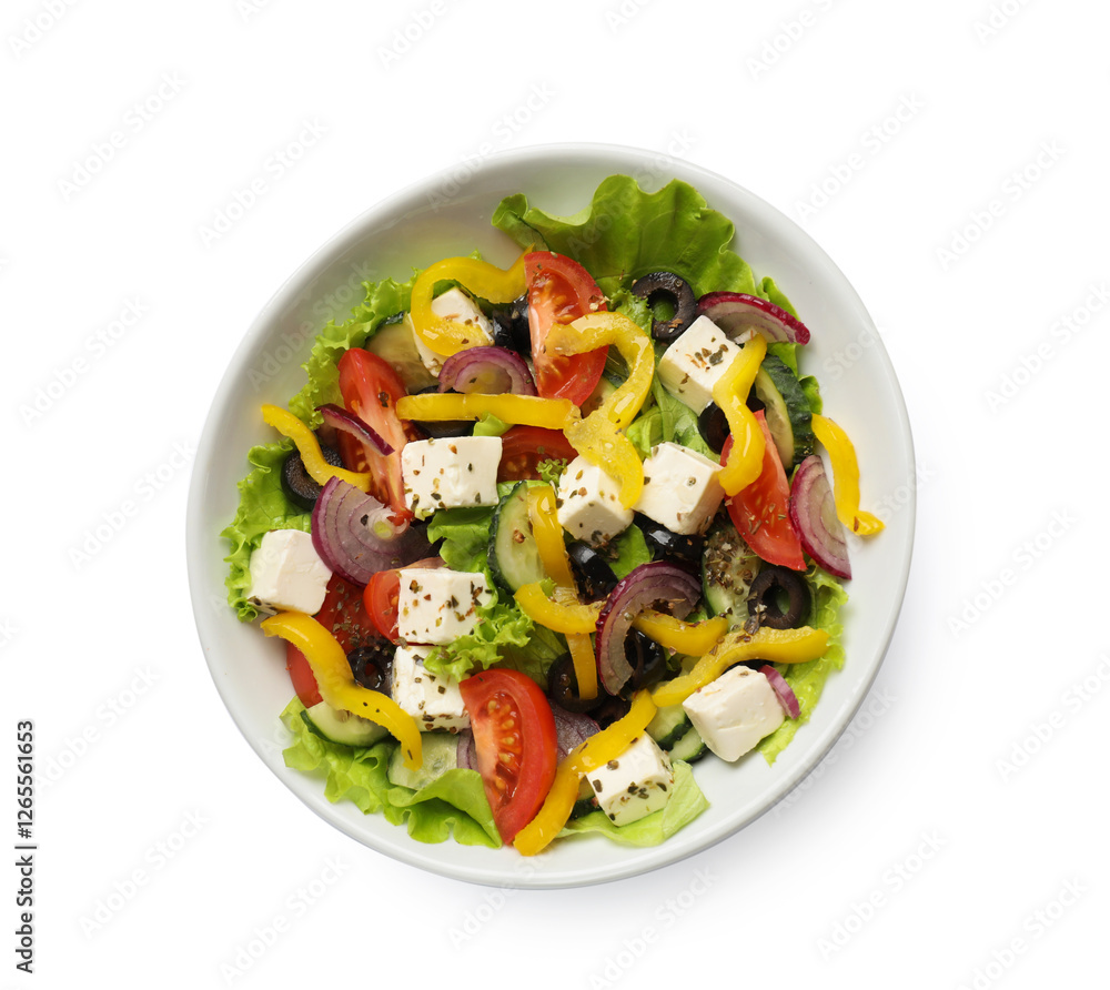 Delicious fresh Greek salad in bowl on white background, top view Delicious fresh Greek salad in bowl on white background, top view