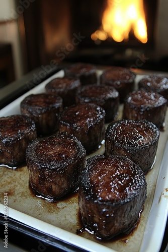 Fireplace-grilled glazed beef medallions on tray photo