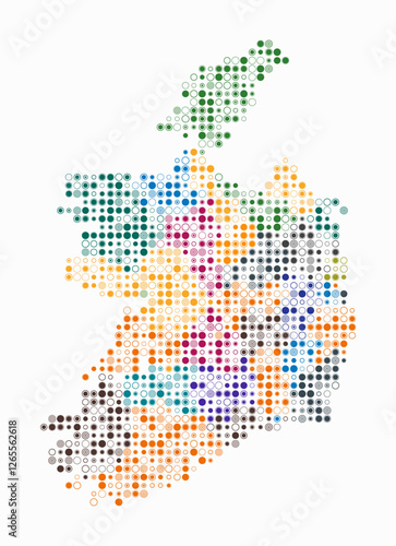 Ireland, shape of the country built of colored cells. Digital style map of Ireland on white background. Small size circle blocks. Plain vector illustration.