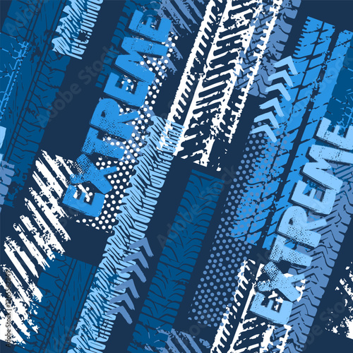 Abstract seamless urban background.  Chaotic grunge pattern with dots, shape, texture and tire tracks. Grunge sport design.
