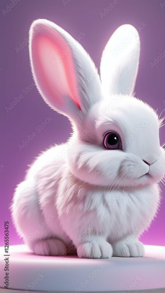 Obraz premium Adorable fluffy white rabbit with big eyes. Cute and innocent, perfect for Easter, spring, or any project needing a touch of sweetness and joy. Modern, trendy pastel colors.