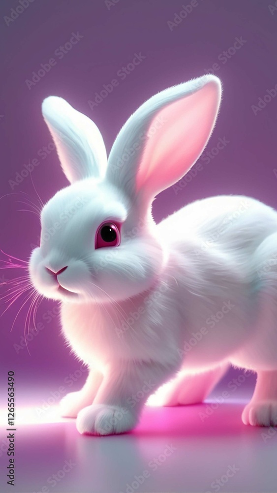 Obraz premium Adorable fluffy white rabbit with big eyes. Cute and innocent, perfect for Easter, spring, or any project needing a touch of sweetness and joy. Modern, trendy pastel colors.