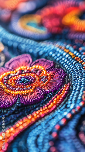 Brightly colored embroidery showcasing intricate floral patterns in vibrant threads and beads