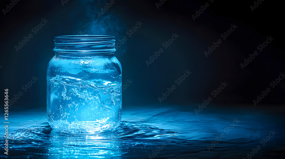 Clear Water Jar with Blue Lighting on Dark Background Clear Water Jar with Blue Lighting on Dark Background