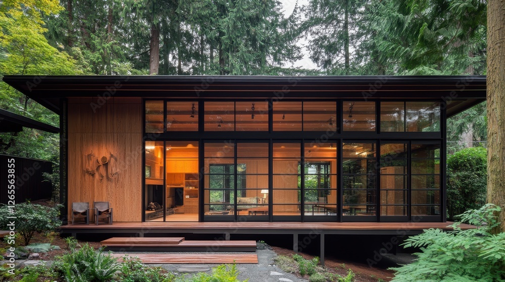 Modern architecture integrates with the surrounding forest landscape seamlessly Modern architecture integrates with the surrounding forest landscape seamlessly