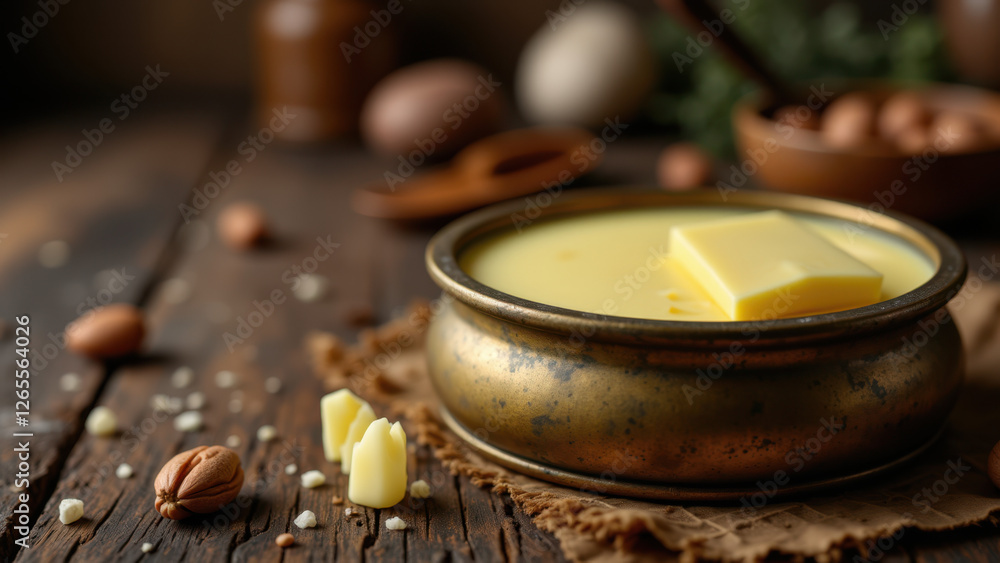 A close-up view of a jar filled with melted beef tallow on a rustic wooden surface, accompanied by chopped pieces of the rendered fat. A close-up view of a jar filled with melted beef tallow on a rustic wooden surface, accompanied by chopped pieces of the rendered fat.