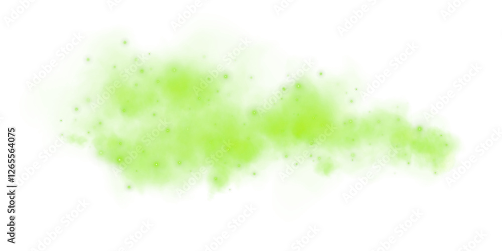 Fototapeta premium Fantastic green smoke background. Magic green smoke with glitter and small particles of twinkling stars. Fog with luminous particles. Green vapor with stardust. Morning fog over land or water. PNG.