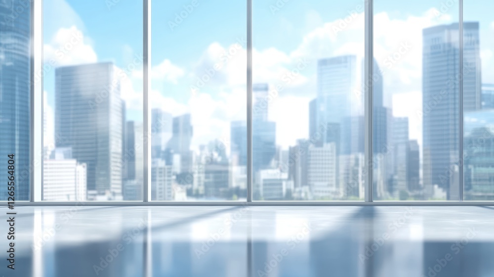 Modern Office View Through Glass Windows of Urban Cityscape Modern Office View Through Glass Windows of Urban Cityscape