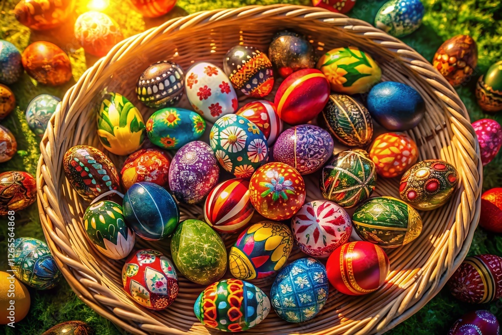 Aerial View of Colorful Easter Eggs in Basket - Spring Festive Drone Shot Aerial View of Colorful Easter Eggs in Basket - Spring Festive Drone Shot