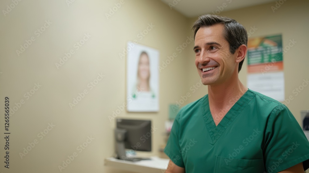 Fototapeta premium Expert Home Loan Advice for Secure Home Ownership. Smiling healthcare professional in scrubs, standing in an office environment.