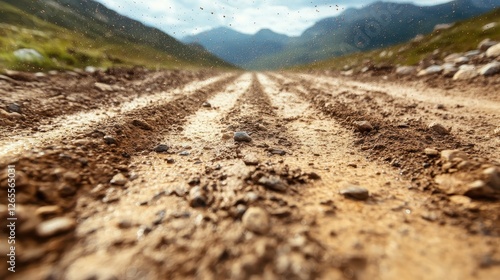 A dusty path lined with gravel leads into a breathtaking mountainous horizon, emphasizing the rugged beauty and adventure awaiting in nature's embrace. photo