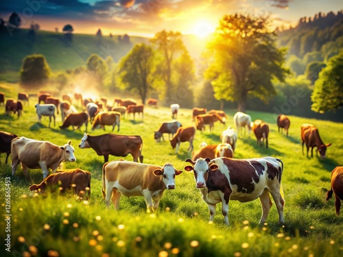 Aerial View of Cows Grazing in Lush Green Pasture with Bokeh Effect
